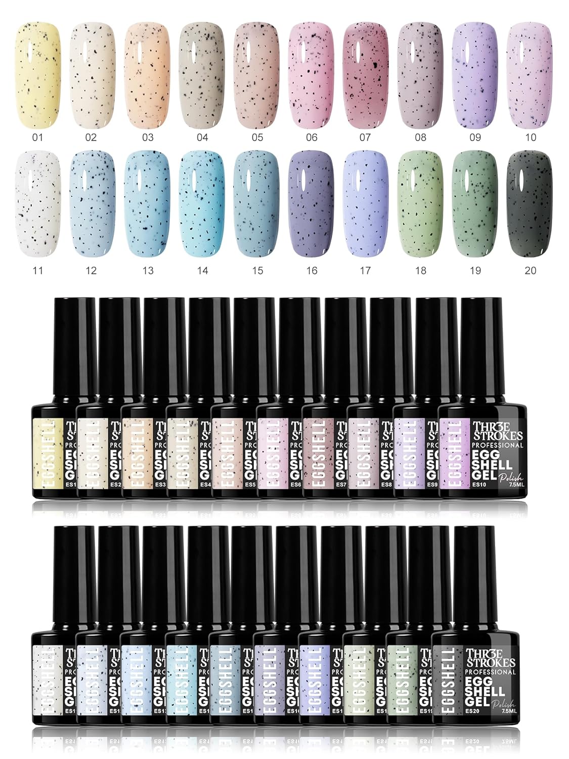 GV939 THR3E STROKES Eggshell Gel Nail Polish (7.5ml) – Black Speckled Spotted Effect Top Coat for UV LED Gel Paint | DIY Salon-Like Nail Art for Women & Girls | Long Lasting & Chip Resistant Glossy Finish