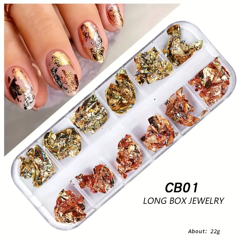 GV766 12 Colors Holographic Nail Art Foil Set – Ultra-Thin Glitter Stickers & Laser Sequins for 3D Manicure and DIY Nail Design
