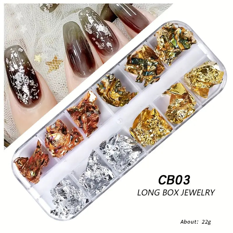 GV766 12 Colors Holographic Nail Art Foil Set – Ultra-Thin Glitter Stickers & Laser Sequins for 3D Manicure and DIY Nail Design