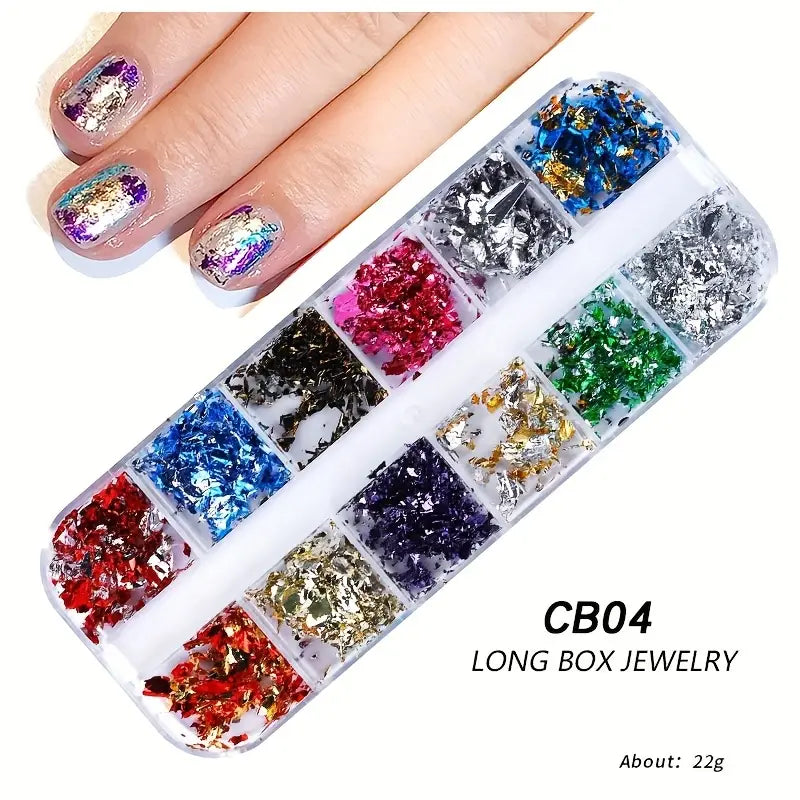 GV766 12 Colors Holographic Nail Art Foil Set – Ultra-Thin Glitter Stickers & Laser Sequins for 3D Manicure and DIY Nail Design
