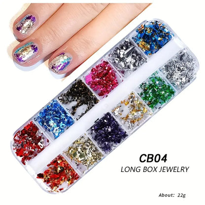 GV766 12 Colors Holographic Nail Art Foil Set – Ultra-Thin Glitter Stickers & Laser Sequins for 3D Manicure and DIY Nail Design