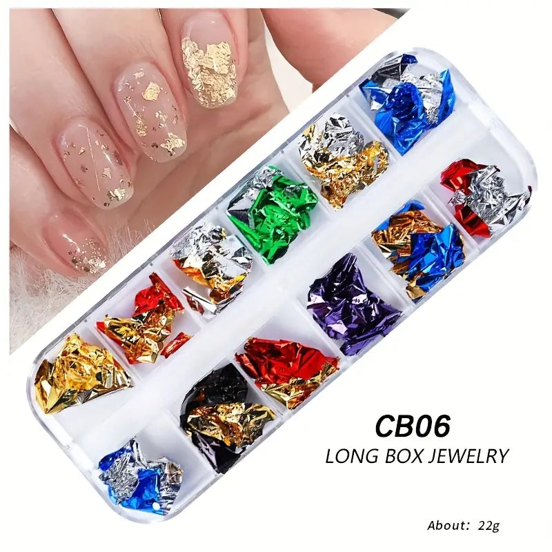 GV766 12 Colors Holographic Nail Art Foil Set – Ultra-Thin Glitter Stickers & Laser Sequins for 3D Manicure and DIY Nail Design