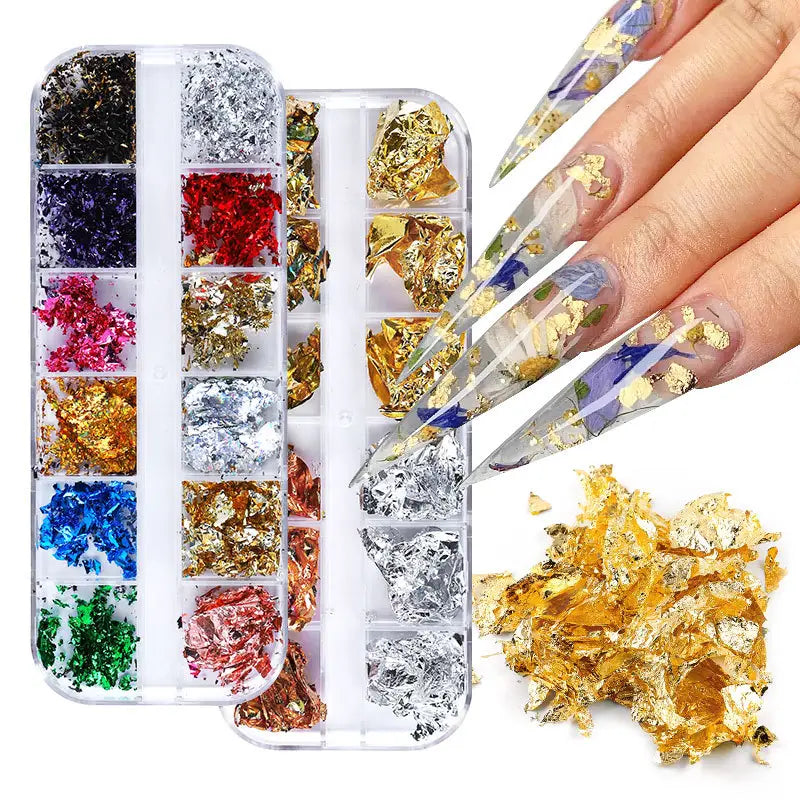 GV766 12 Colors Holographic Nail Art Foil Set – Ultra-Thin Glitter Stickers & Laser Sequins for 3D Manicure and DIY Nail Design