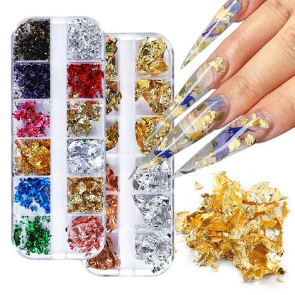 GV766 12 Colors Holographic Nail Art Foil Set – Ultra-Thin Glitter Stickers & Laser Sequins for 3D Manicure and DIY Nail Design