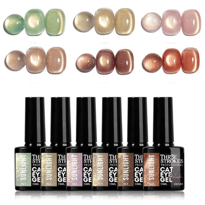 GV936 THR3E STROKES Sunlight Collection Cat Eye Gel Polish Set - 6 Colors, 7.5ml Magnetic Shimmer Gel, Radiant 9D Galaxy & Velvet Effect, UV/LED Soak Off Professional Nail Art Kit (Magnets Not Included)