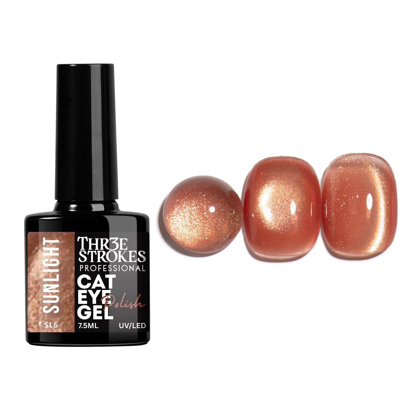 GV936 THR3E STROKES Sunlight Collection Cat Eye Gel Polish Set - 6 Colors, 7.5ml Magnetic Shimmer Gel, Radiant 9D Galaxy & Velvet Effect, UV/LED Soak Off Professional Nail Art Kit (Magnets Not Included)