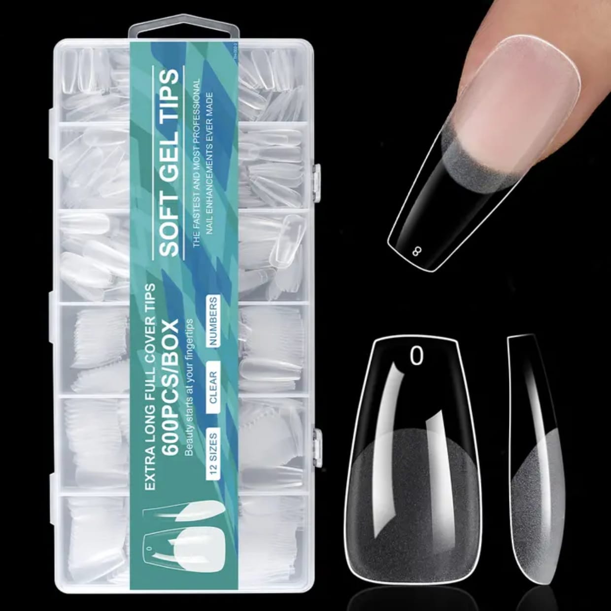GV914 600pcs Soft Gel Nail Tips – Extra Long Full Cover Clear Nail Extensions, Pre-Shaped False Nails for Gel/Polygel/Acrylic (12 Sizes Box)