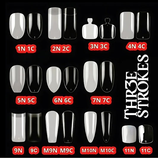 GV409 THR3E STROKES 500PCS Acrylic Nail Tips – Natural & Clear – 7 Shapes (Almond, Coffin, Stiletto, Oval, Full Cut Square, Half Cut Square, Toe Nails)