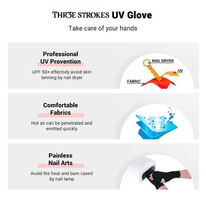 GV890 THR3E STROKES UV Gloves for Gel Nail Lamp, Professional UPF50+ UV Protection Gloves for Manicures, Art Skin Care Fingerless Glove for Women Men Protect Hands from Sun and Nail Dryer Harm (Black)