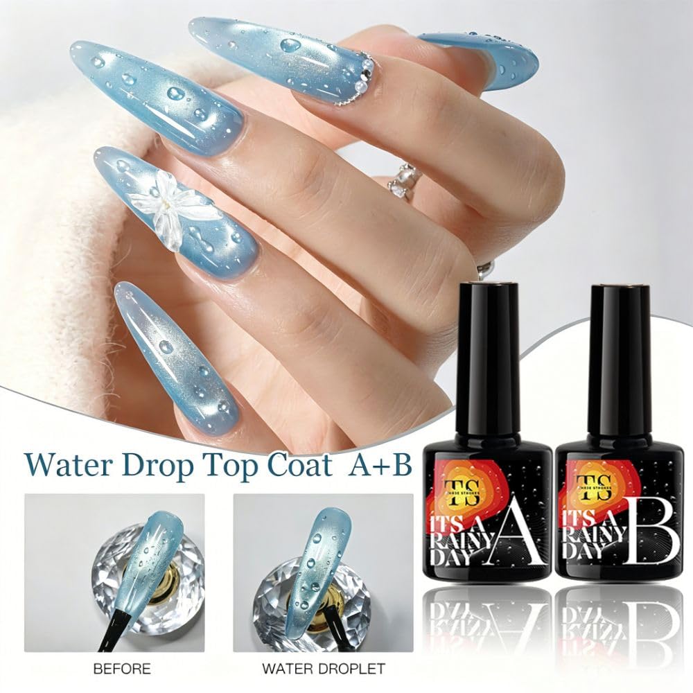 GV1112 THR3E STROKES Water Drop Gel Top Coat, 3D Rain Drop Effect Non-Wipe Glossy Shiny Nail Art Top coat, DIY Bubble Ice Dew Soak Off UV LED Gel Nail Polish at Home -7.5ML