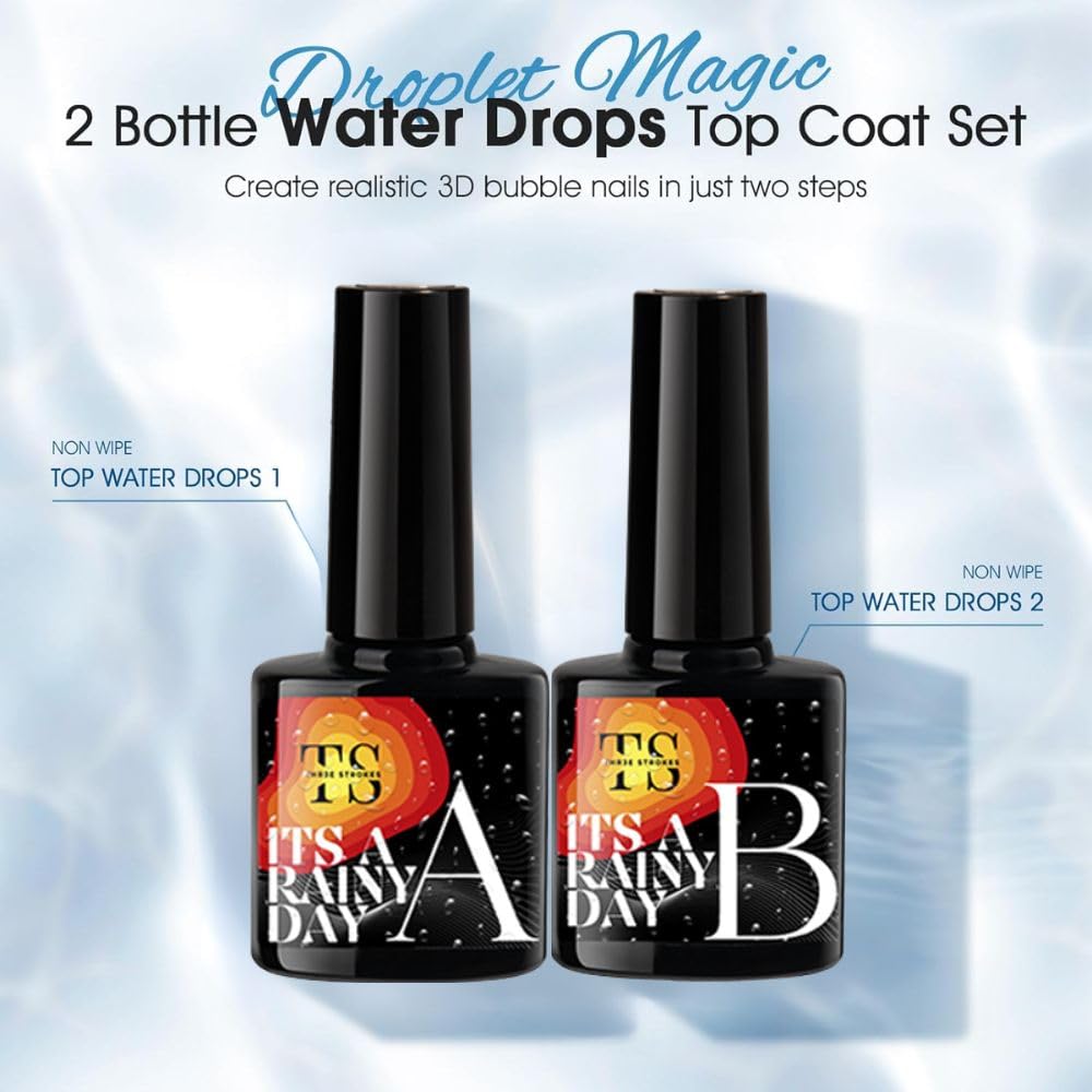 GV1112 THR3E STROKES Water Drop Gel Top Coat, 3D Rain Drop Effect Non-Wipe Glossy Shiny Nail Art Top coat, DIY Bubble Ice Dew Soak Off UV LED Gel Nail Polish at Home -7.5ML