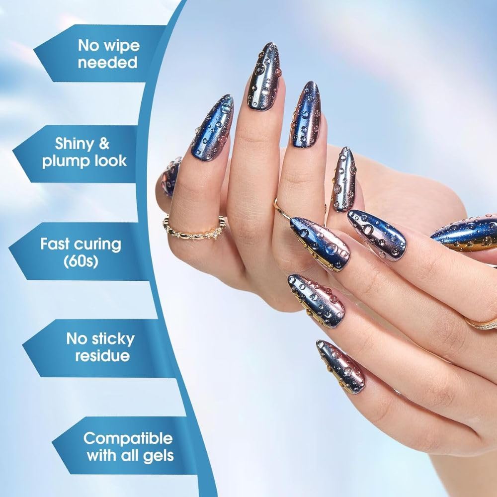 GV1112 THR3E STROKES Water Drop Gel Top Coat, 3D Rain Drop Effect Non-Wipe Glossy Shiny Nail Art Top coat, DIY Bubble Ice Dew Soak Off UV LED Gel Nail Polish at Home -7.5ML