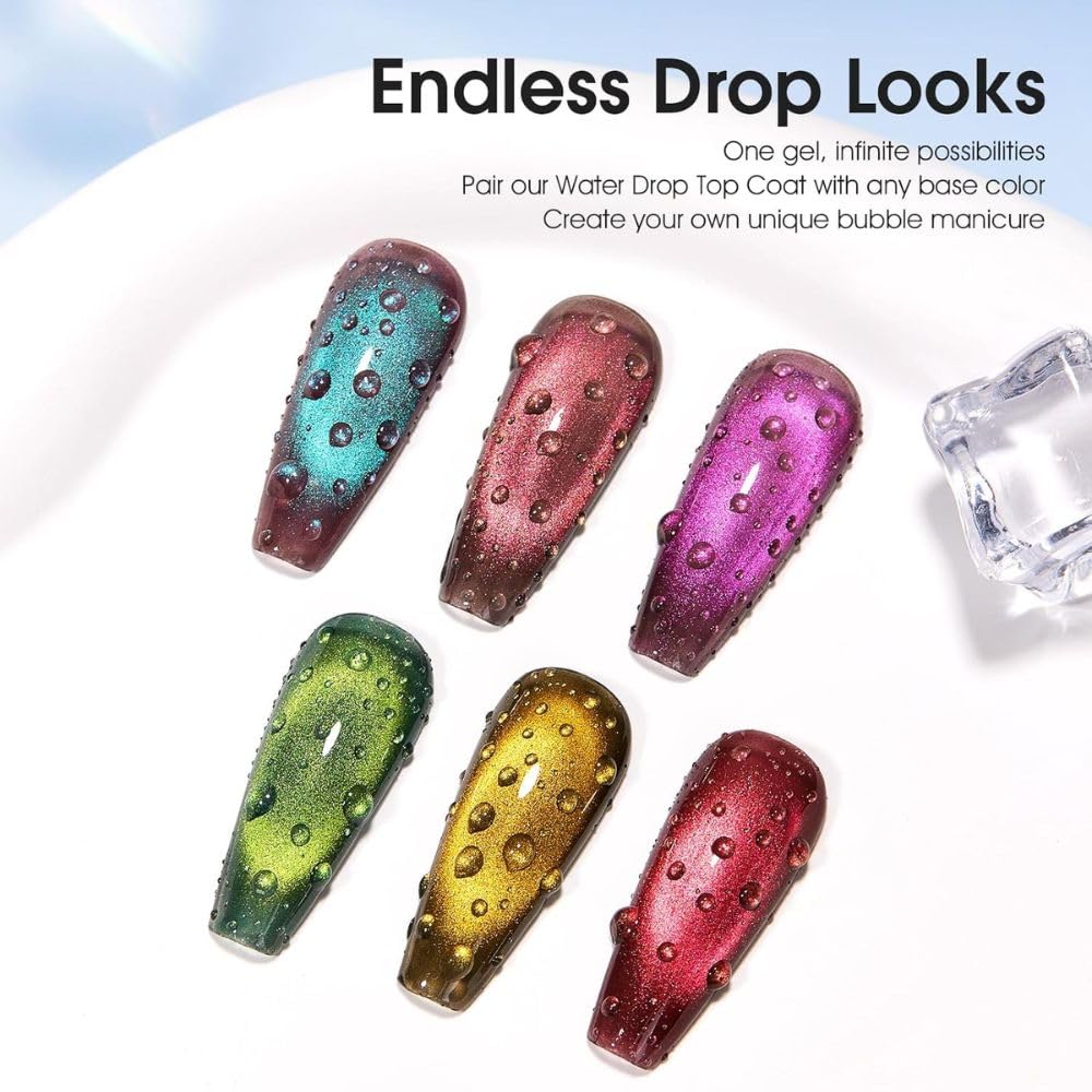 GV1112 THR3E STROKES Water Drop Gel Top Coat, 3D Rain Drop Effect Non-Wipe Glossy Shiny Nail Art Top coat, DIY Bubble Ice Dew Soak Off UV LED Gel Nail Polish at Home -7.5ML