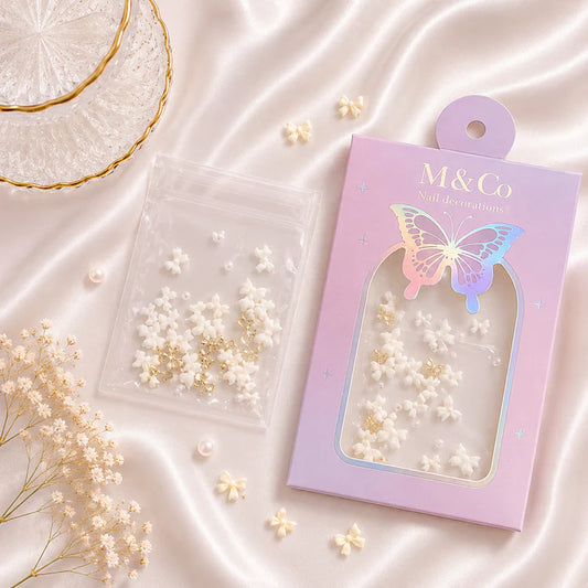 GV1111 M&Co 3D White Bow Knot Nail Art Decorations Set – Mixed Sizes, Pearls, and Gold Accents