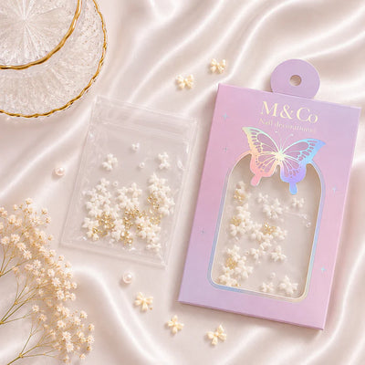 GV1111 M&Co 3D White Bow Knot Nail Art Decorations Set – Mixed Sizes, Pearls, and Gold Accents