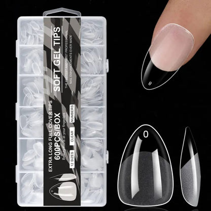 GV914 600pcs Soft Gel Nail Tips – Extra Long Full Cover Clear Nail Extensions, Pre-Shaped False Nails for Gel/Polygel/Acrylic (12 Sizes Box)