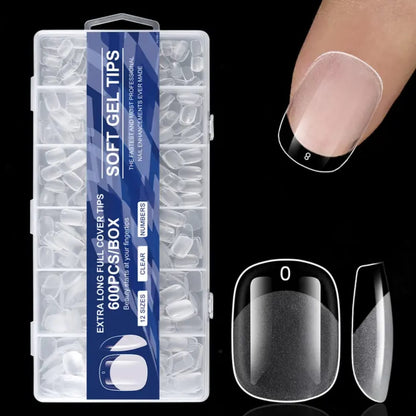 GV914 600pcs Soft Gel Nail Tips – Extra Long Full Cover Clear Nail Extensions, Pre-Shaped False Nails for Gel/Polygel/Acrylic (12 Sizes Box)