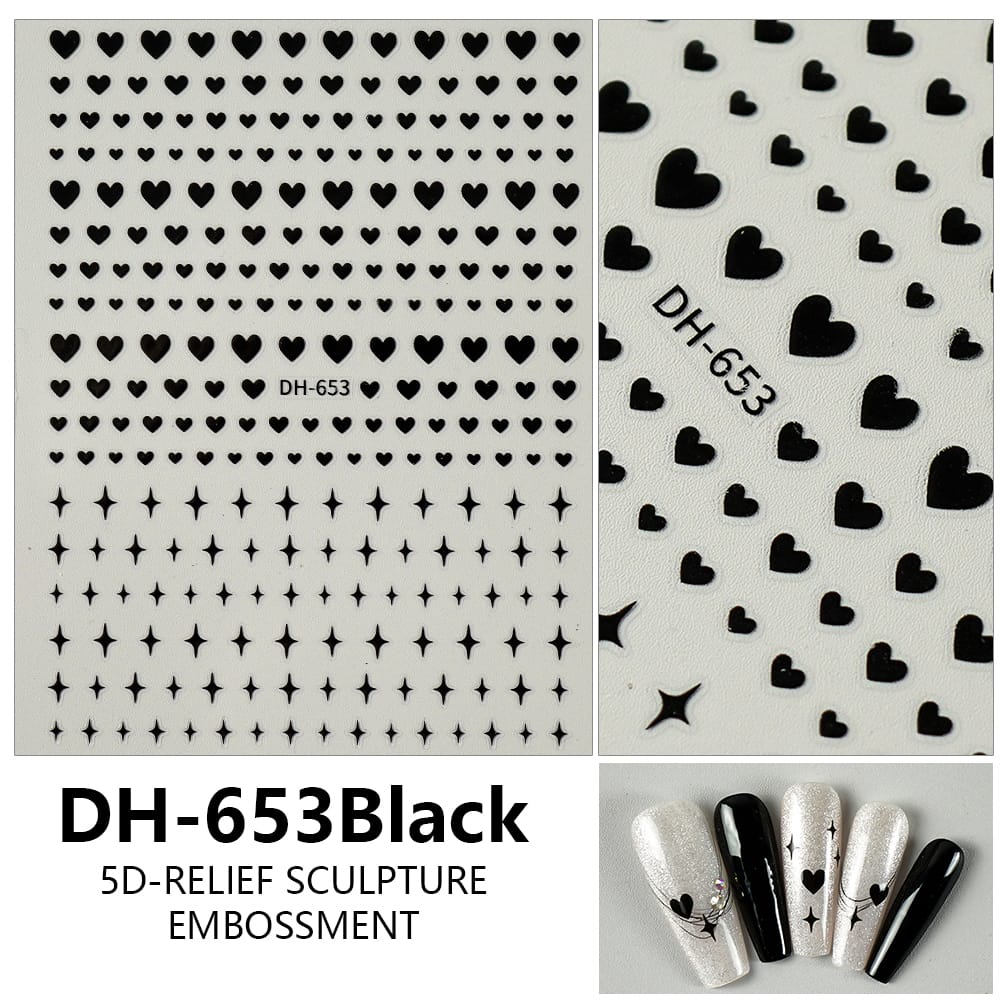 GV601 DH-653 5D Relief Nail Art Stickers – Hearts & Stars Embossed Design