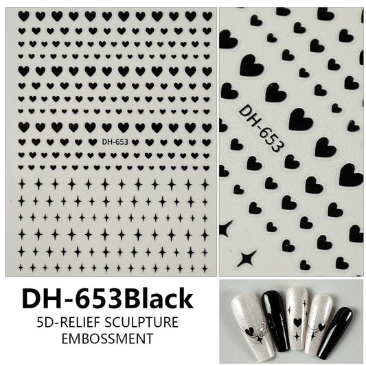 GV601 DH-653 5D Relief Nail Art Stickers – Hearts & Stars Embossed Design