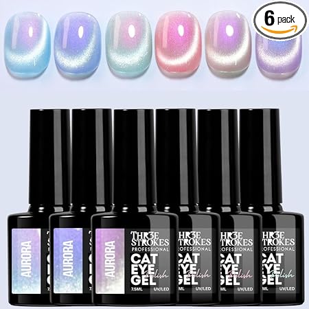 GV830 THR3E STROKES Cat Eye Gel Nail Polish Set for Pink Brown Glitter Holographic Cat Eye, Salon Gel Manicure and Nail Art DIY at Home, Bright Moonlight (AURORA)