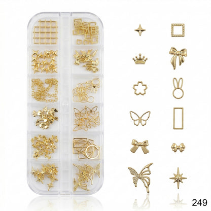 GV647 Gold Nail Charms Set – Butterflies, Bows, Crowns, Bunny Ears & Stars (249)