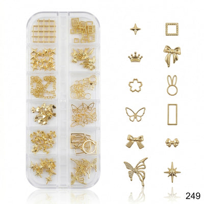 GV647 Gold Nail Charms Set – Butterflies, Bows, Crowns, Bunny Ears & Stars (249)