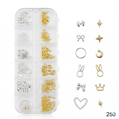 GV646 Gold & Silver Nail Charms Set – Stars, Moons, Crowns, Bows & Bunny Designs (250)