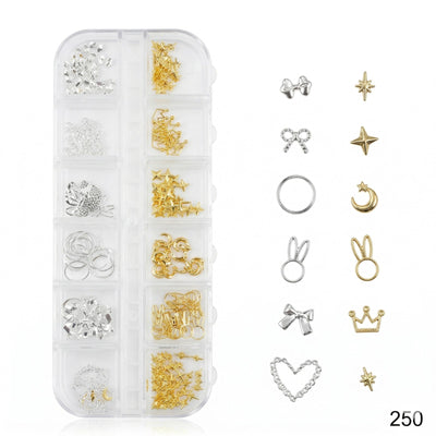 GV646 Gold & Silver Nail Charms Set – Stars, Moons, Crowns, Bows & Bunny Designs (250)