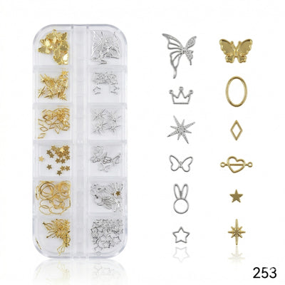 GV649 Silver & Gold Nail Charms Set – Stars, Crowns, Butterflies & Frames (253)