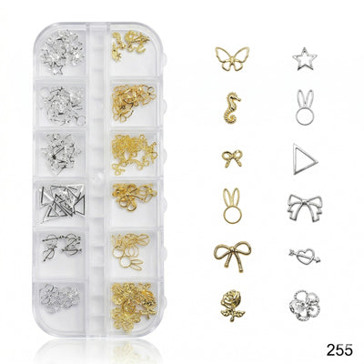 GV640 Gold & Silver Nail Charms Set – Seahorse, Bunny, Rose & Bow Designs (255)