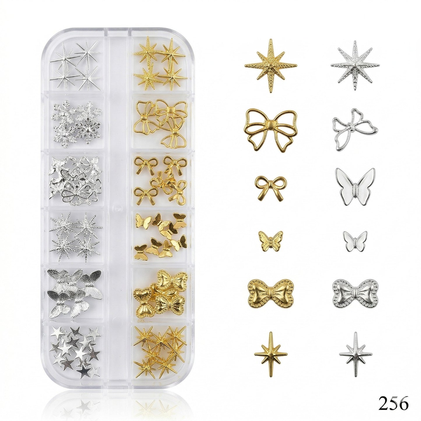 GV643 12 Grid Gold & Silver Nail Art Charms Set – 3D Metal Nail Decoration Box (256)