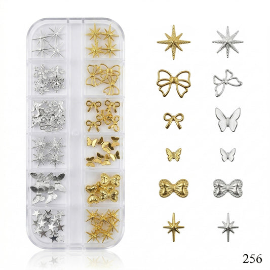 GV643 12 Grid Gold & Silver Nail Art Charms Set – 3D Metal Nail Decoration Box (256)