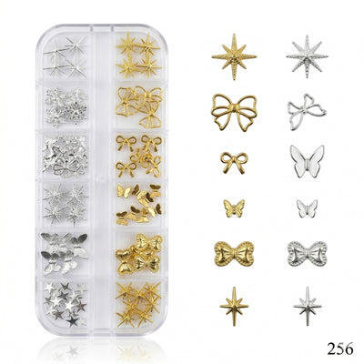 GV643 12 Grid Gold & Silver Nail Art Charms Set – 3D Metal Nail Decoration Box (256)