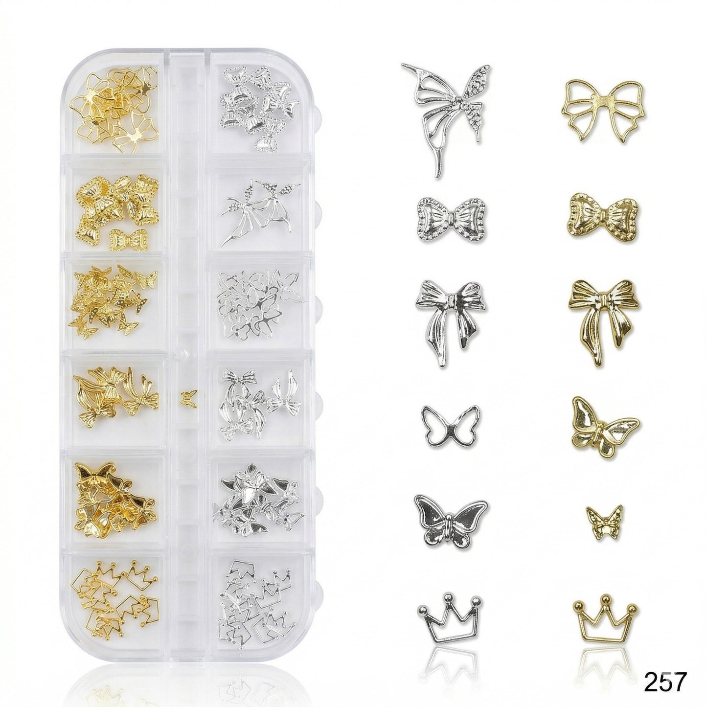 GV636 Gold & Silver Nail Charms Set – Butterfly, Bow & Crown Designs (257)