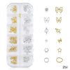 GV651 Gold and Silver Metal Nail Art Charms Assortment Kit - 12-Section Organizer with Stars, Bows, Butterflies, Hearts & More (258)