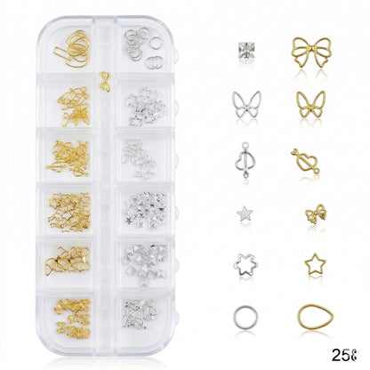 GV651 Gold and Silver Metal Nail Art Charms Assortment Kit - 12-Section Organizer with Stars, Bows, Butterflies, Hearts & More (258)