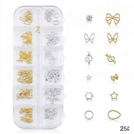 GV651 Gold and Silver Metal Nail Art Charms Assortment Kit - 12-Section Organizer with Stars, Bows, Butterflies, Hearts & More (258)