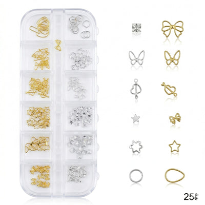 GV651 Gold and Silver Metal Nail Art Charms Assortment Kit - 12-Section Organizer with Stars, Bows, Butterflies, Hearts & More (258)