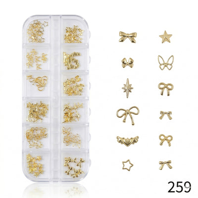 GV644 12 Grid Gold Metal Nail Charms Set – 3D Nail Art Decoration Box (259)