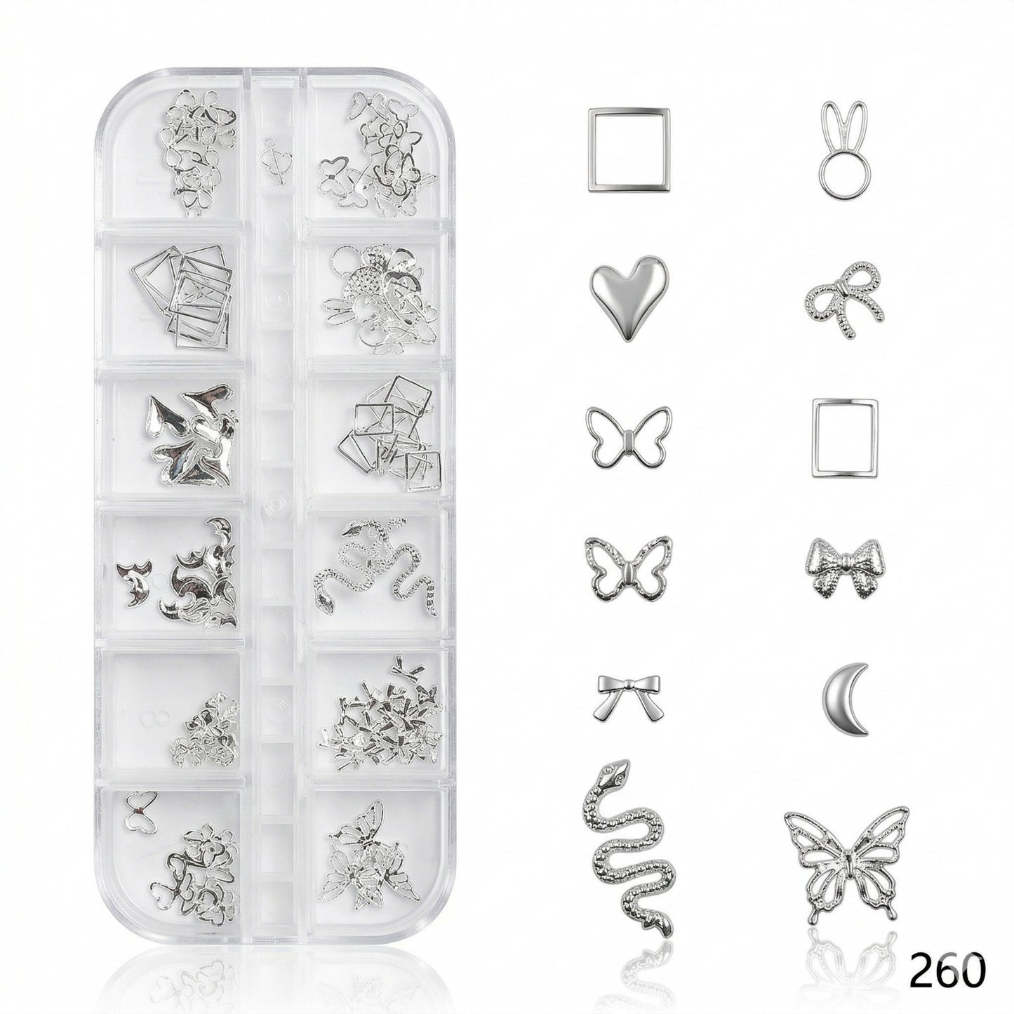 GV637 Silver Nail Charms Set – Butterfly, Snake, Heart, Moon & Bow Designs (260)