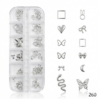 GV637 Silver Nail Charms Set – Butterfly, Snake, Heart, Moon & Bow Designs (260)