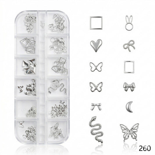 GV637 Silver Nail Charms Set – Butterfly, Snake, Heart, Moon & Bow Designs (260)