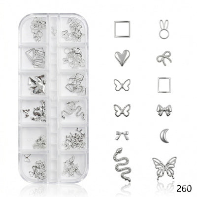 GV637 Silver Nail Charms Set – Butterfly, Snake, Heart, Moon & Bow Designs (260)