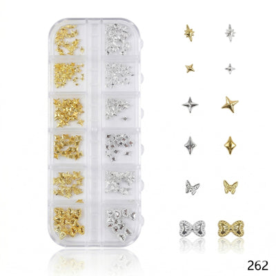GV650 Silver & Gold Nail Charms Set – Stars, Bows, Butterflies & Geometric Mix (262)