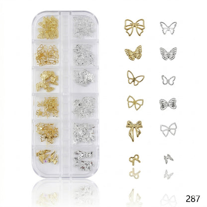 GV653 12 Grid Gold & Silver Butterfly Bow Nail Charms Set – 3D Nail Art Decoration Box (287)