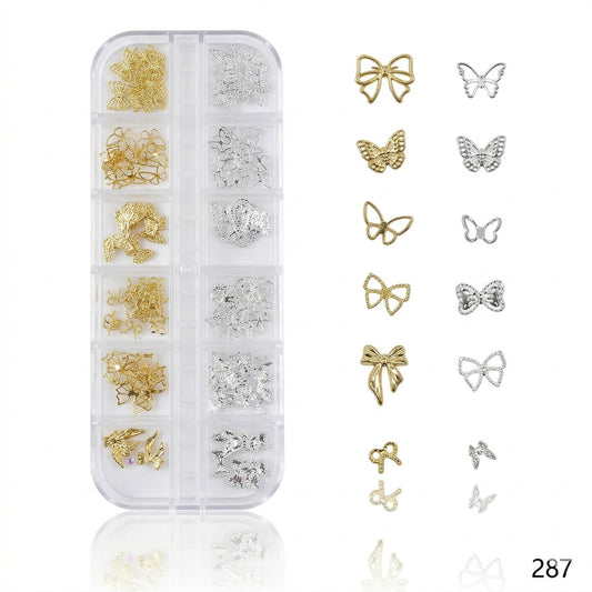 GV653 12 Grid Gold & Silver Butterfly Bow Nail Charms Set – 3D Nail Art Decoration Box (287)