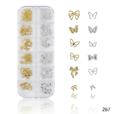 GV653 12 Grid Gold & Silver Butterfly Bow Nail Charms Set – 3D Nail Art Decoration Box (287)