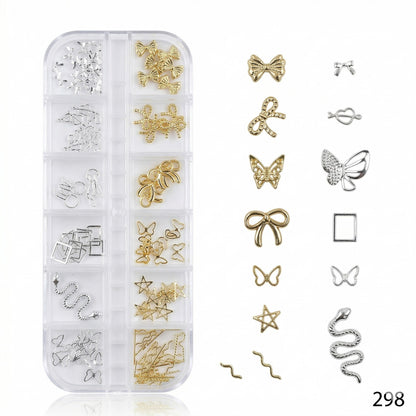 GV642 12 Grid Gold & Silver Nail Art Charms Set – 3D Metal Nail Decoration Box (298)
