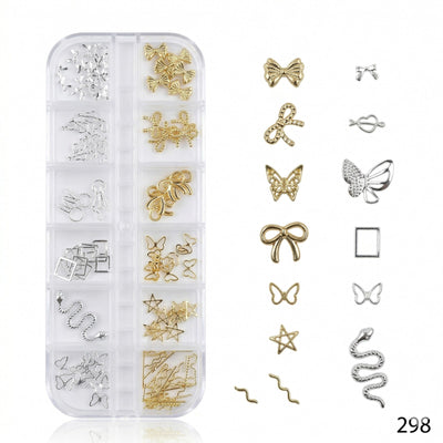 GV642 12 Grid Gold & Silver Nail Art Charms Set – 3D Metal Nail Decoration Box (298)