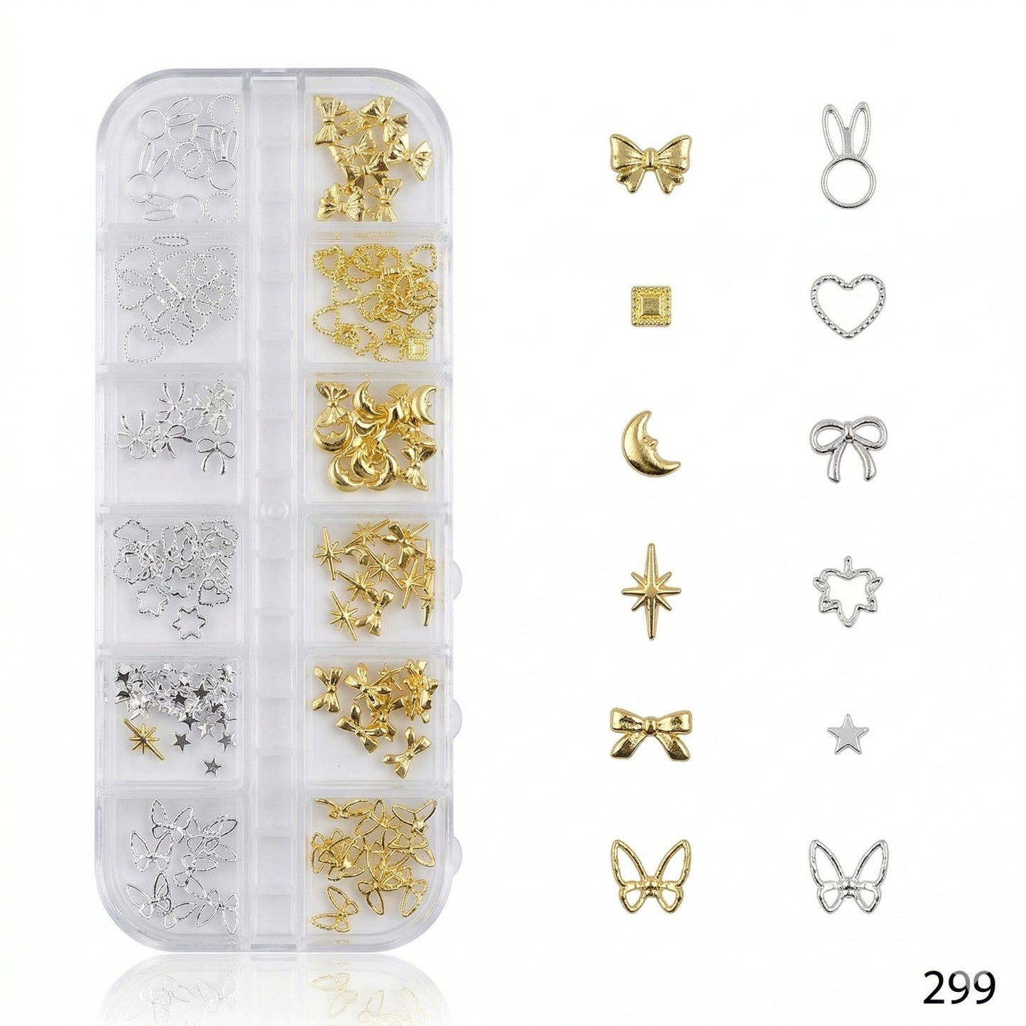 GV641  12 Grid Gold & Silver Nail Art Charms Set – 3D Metal Nail Decoration Box (299)